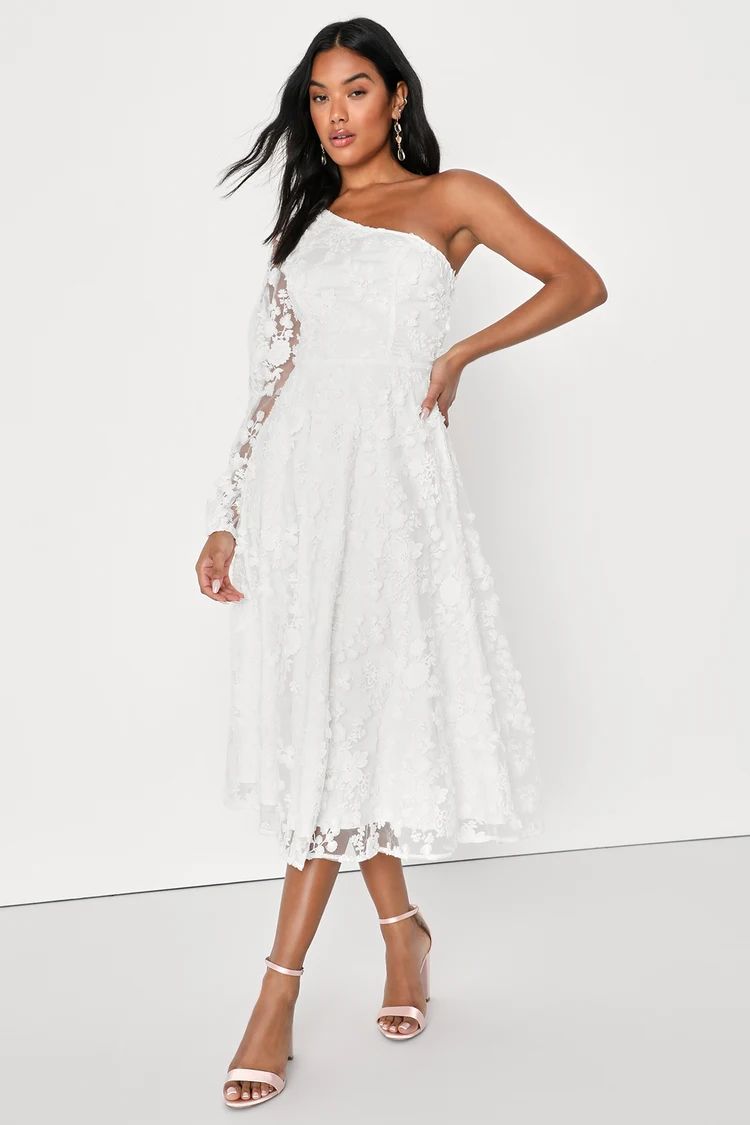 Eloquent Elegance White Embroidered Lace One-Shoulder Midi Dress | Lulus (US)