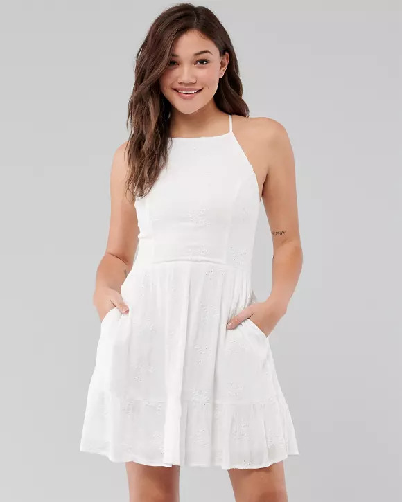 High-Neck Tiered Eyelet Dress | Hollister UK