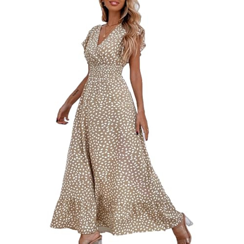 Vestido largo para mujer, con volantes, pétalos, manga corta, cuello en V, floral, verano, playa... | Amazon (US)