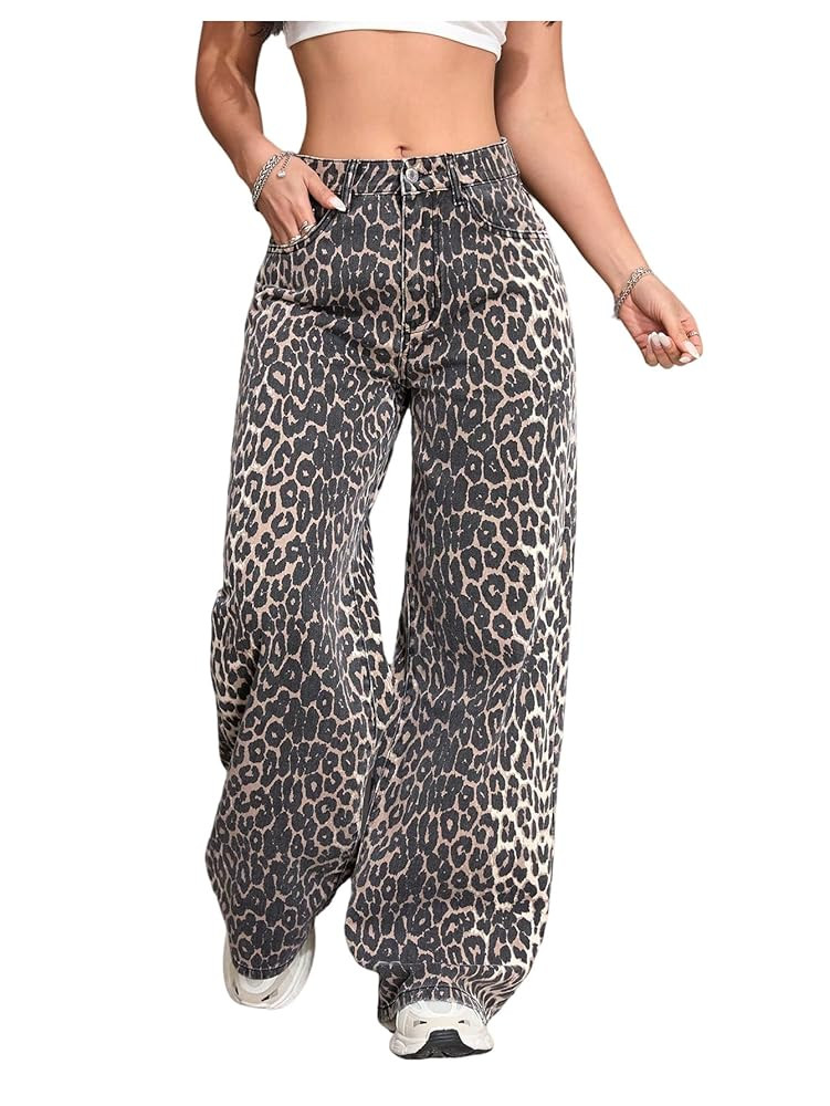 Floerns Women's Y2k Cheetah Print Wide Leg Jeans High Waisted Baggy Casual Denim Pants | Amazon (US)