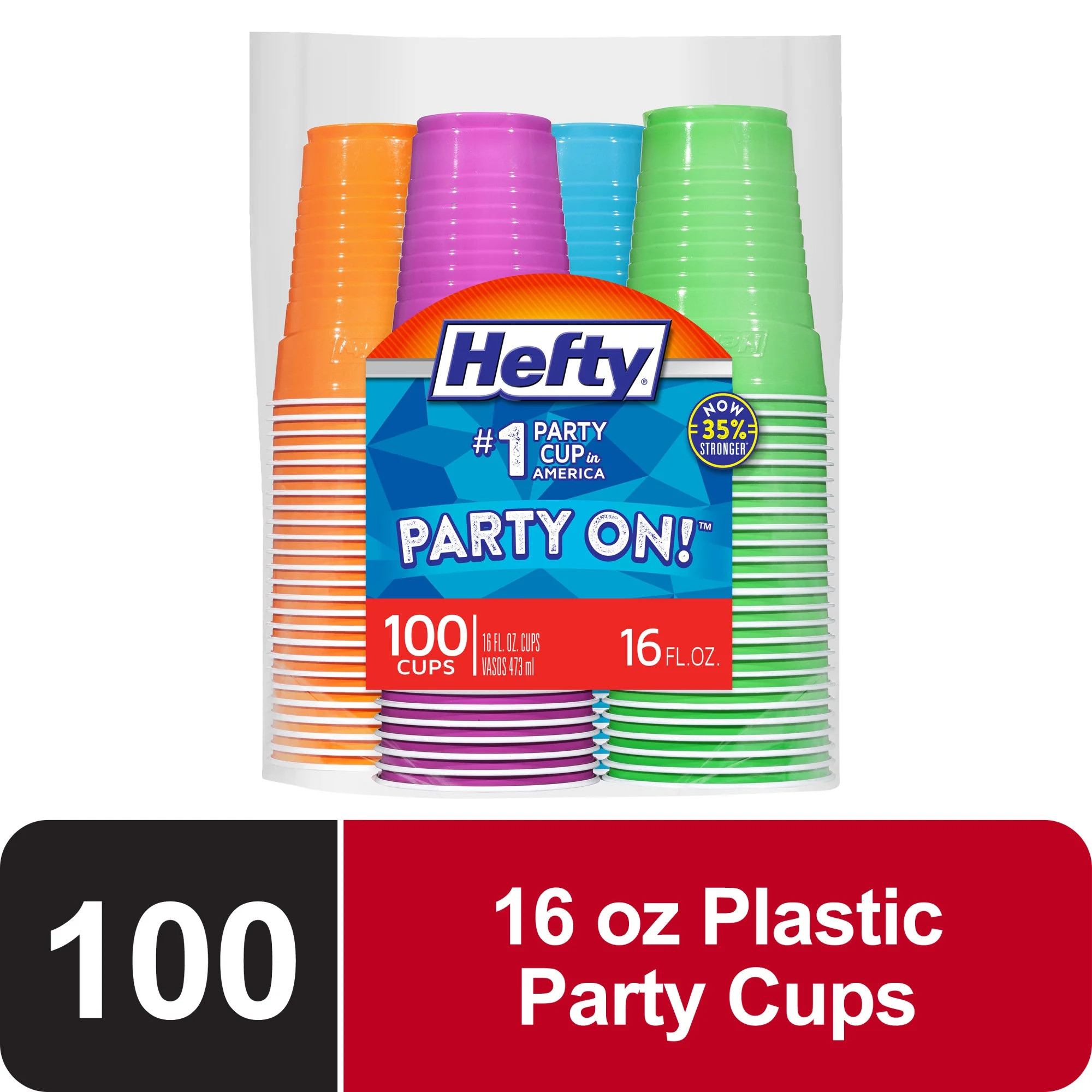 Hefty Party On Disposable Plastic Party Cups, Assorted Colors, 16 oz., 100 Count | Walmart (US)