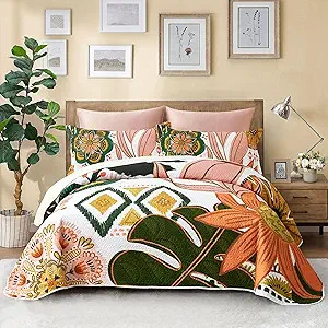3 Piece Boho Floral Full/Queen Quilt Sets Farmhouse Botanical Reversible Lightweight Bedspread Co... | Amazon (US)