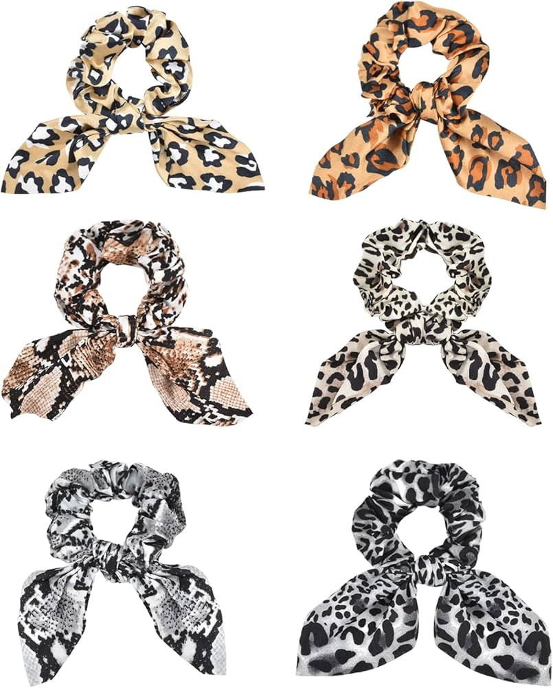 6-Piece Satin Bowknot Elastic Hair Ties, Animal Print Leopard Scrunchies Ladies Long Lasting Brai... | Amazon (US)