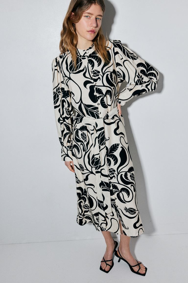 A-line Dress - Long sleeve - Midi - Cream/black patterned - Ladies | H&M US | H&M (US + CA)