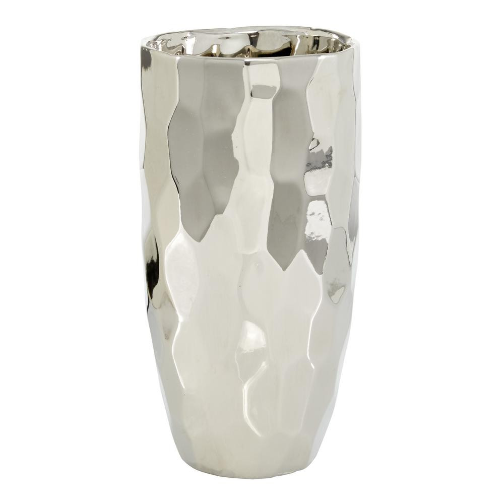 LITTON LANE 8 in. Honeycomb Metallics Ceramic Decorative Vase, Silver | The Home Depot