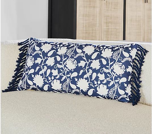Bobby Berk Printed Floral Stripe Lumbar Pillow with Fringe | QVC