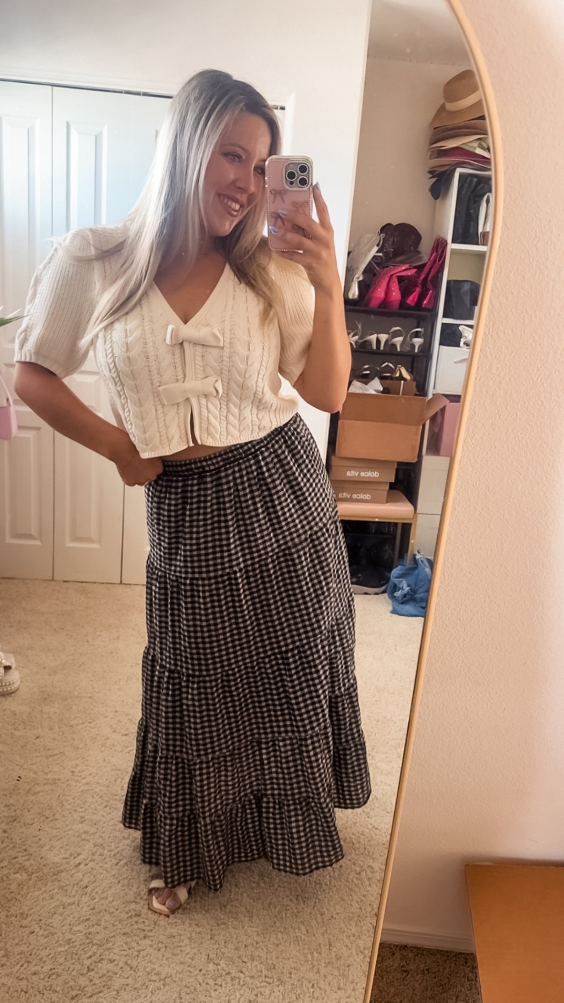 Bow puff sleeve cardigan
Gingham print maxi skirt
Maxi skirt outfit
Spring fashion
Spring Cardigan
Short sleeve cardigan 

#LTKWorkwear #LTKootd #LTKSeasonal