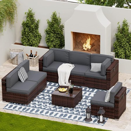 Techmilly 7 Pieces Patio Sectional Sofa PE Rattan Wicker Conversation Sets with Cushions and Glas... | Walmart (US)