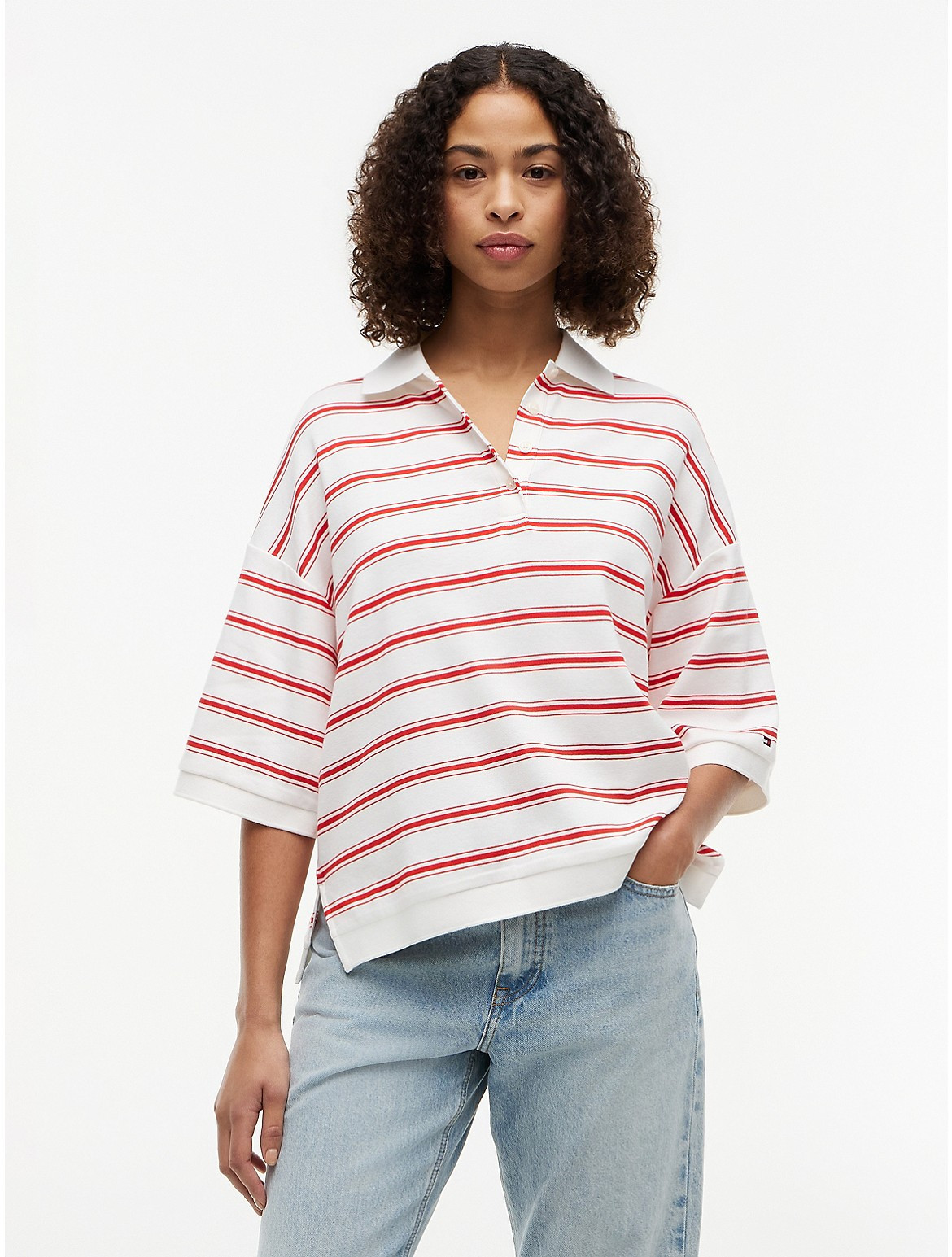 Tommy Hilfiger Women's Oversized Fit Striped Polo - Multi Red Stripe - S | Tommy Hilfiger (US)