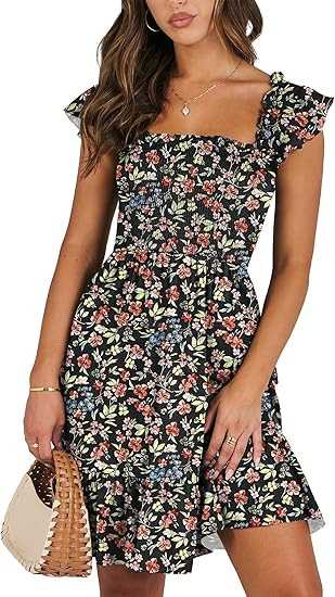 ANRABESS Women's Summer Casual Sleeveless Square Neck Dress 2026 Smocked Ruffle Backless Boho Bea... | Amazon (US)
