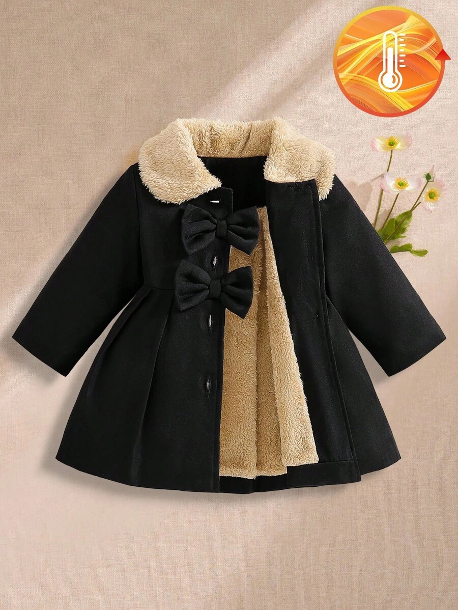 SHEIN Playful Pals Baby Girls Furry Collar Bowknot Trench Coat, Autumn/Winter Fall | SHEIN
