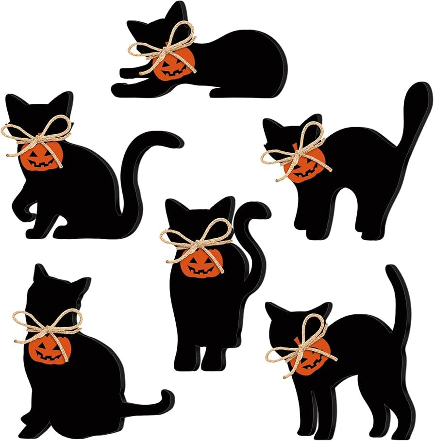 Pinkunn 6 Pcs Halloween Black Cat Wood Decors with Pumpkin Black Cat Silhouette Decor Wooden Hall... | Amazon (US)