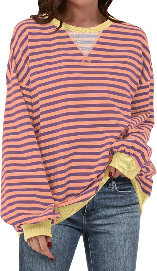 ANRABESS Women Striped Sweatshirt Long Sleeve Shirts Crewneck Oversized Casual Pullover Top 2024 ... | Amazon (US)
