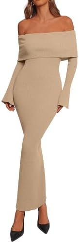 dowerme Women's Off The Shoulder Sweater Dress 2026 Formal Long Sleeve Bodycon Maxi Wedding Guest... | Amazon (US)