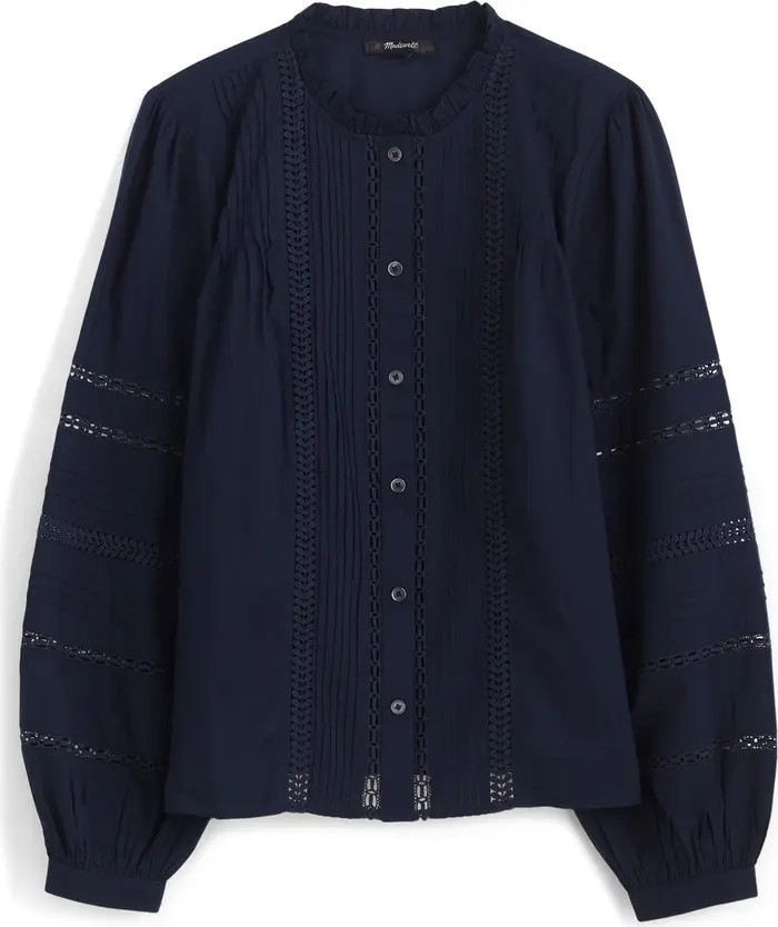 High Neck Lace Detail Pintuck Cotton Top | Nordstrom