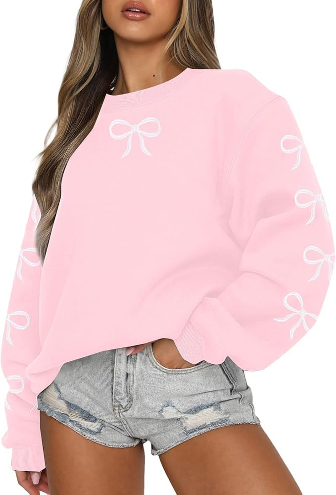 ASTANFY Oversized Bow Sweatshirt Cute Clean Girl Embroidered Sweatshirts Coquette Preppy Sweater ... | Amazon (US)