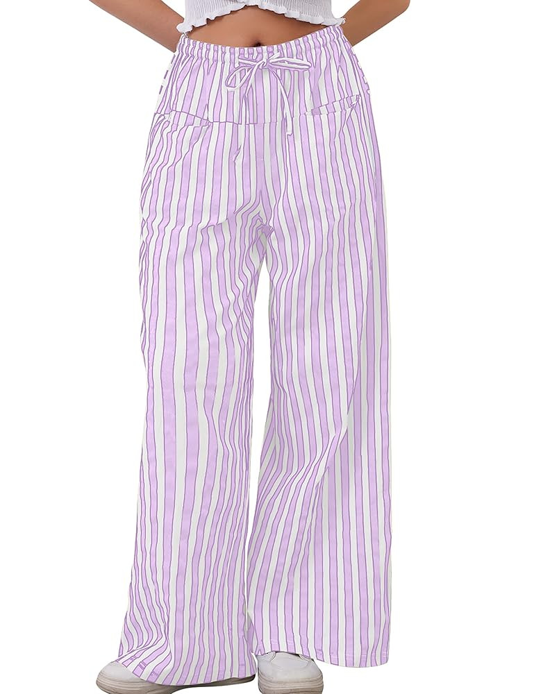 MISSACTIVER Women Drawstring Striped Pants Loose Wide Leg Trousers Casual Low Waist Pants Comfy L... | Amazon (US)