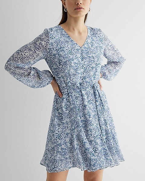 Floral Print Button Front Tie Waist Mini Dress | Express