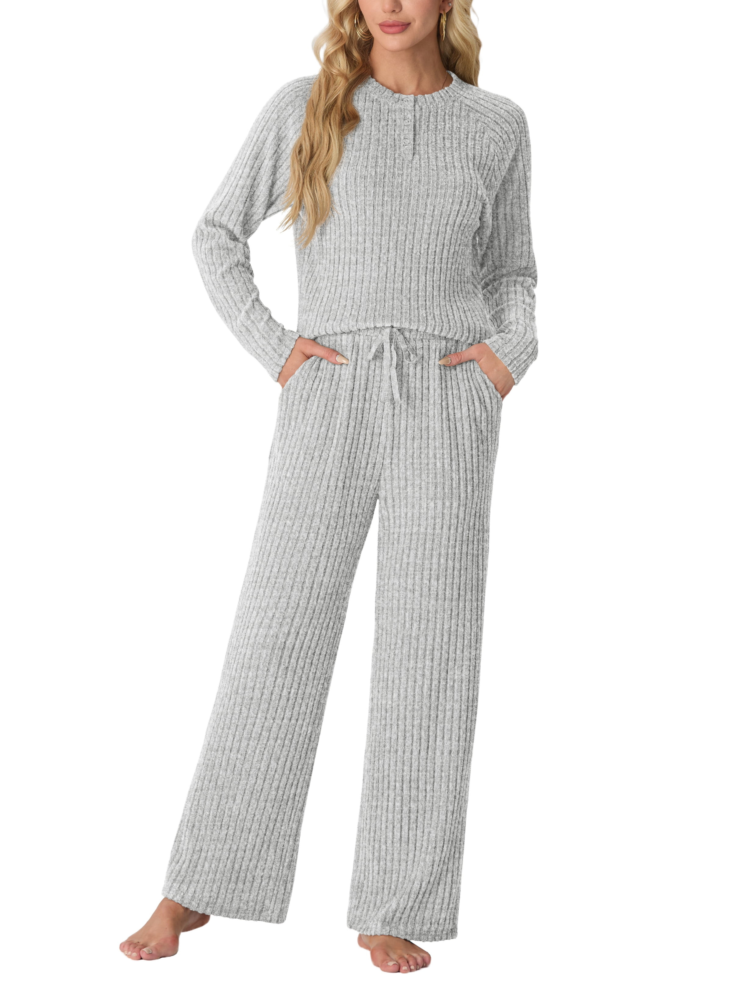 MINTREUS Women's Pajama Set Long Sleeve Lounge Set Ribbed knit Sleepwear Two Piece Pjs Set with P... | Walmart (US)