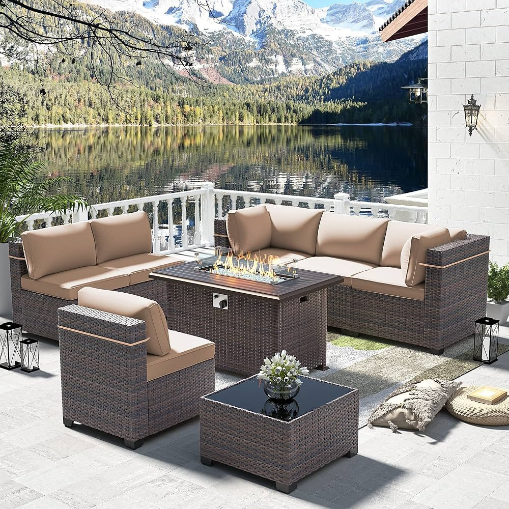 Gotland 8 Piece Outdoor Patio Furniture Set with Gas Fire Pit Table Patio Furniture Sectional Sof... | Amazon (US)