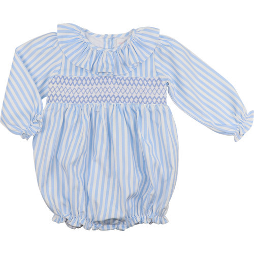 Blue Smocked Striped Corduroy Ruffle Bubble | Cecil and Lou