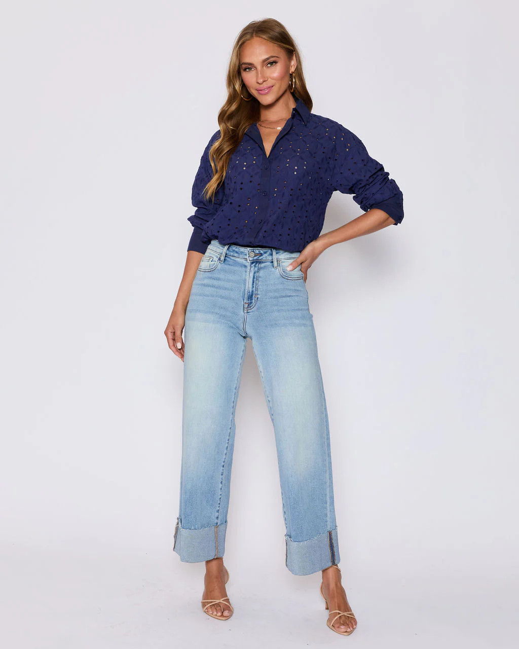 Garden Stroll Eyelet Floral Button Down Top | VICI
