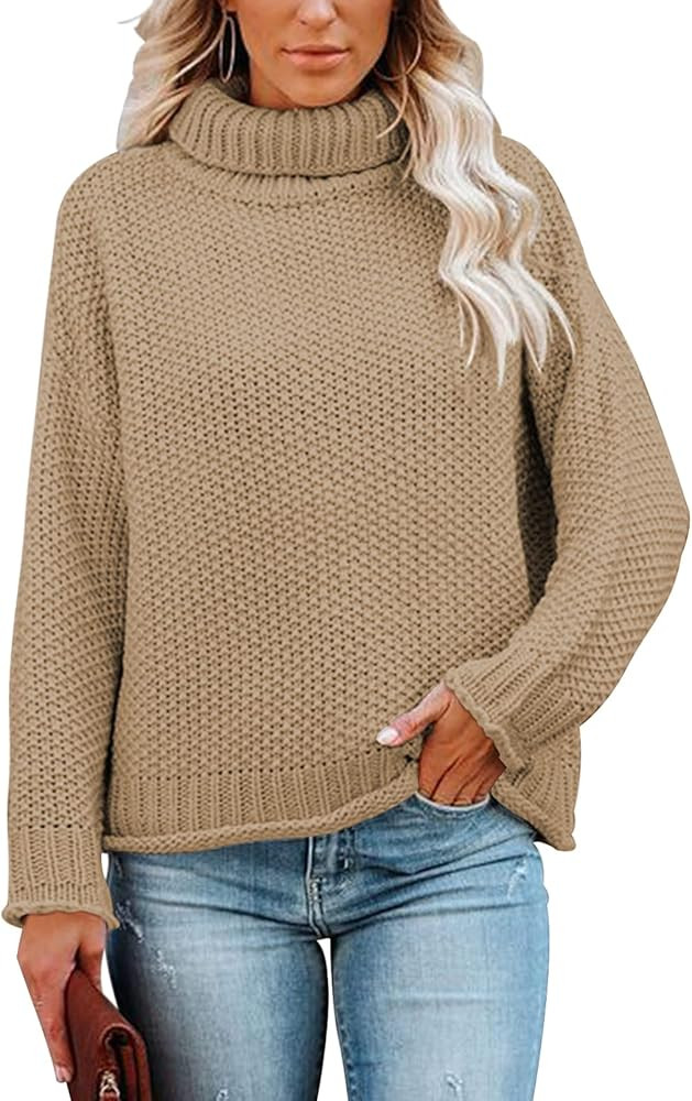 ZROZYL Women's Long Sleeve Turtleneck Sweater Casual Loose Chunky Knitted Pullover Jumper Tops | Amazon (US)