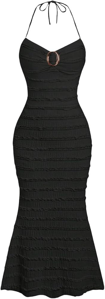 GORGLITTER Women's Textured Fishtail Party Dresses Tie Halter Bodycon Maxi Dress Wedding Guest Dr... | Amazon (US)