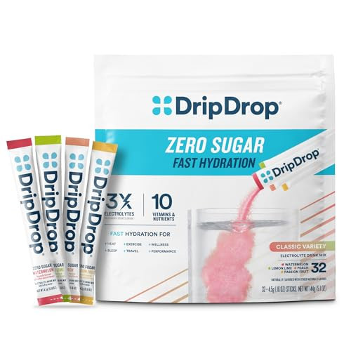 DripDrop Sugar Free Hydration Packets - Zero Classic Variety Pack - Single Serve Electrolytes Powder Drink Mix - Lemon Lime, Watermelon, Peach, Passion Fruit - Non-GMO, Gluten Free, Vegan - 32 Sticks | Amazon (US)