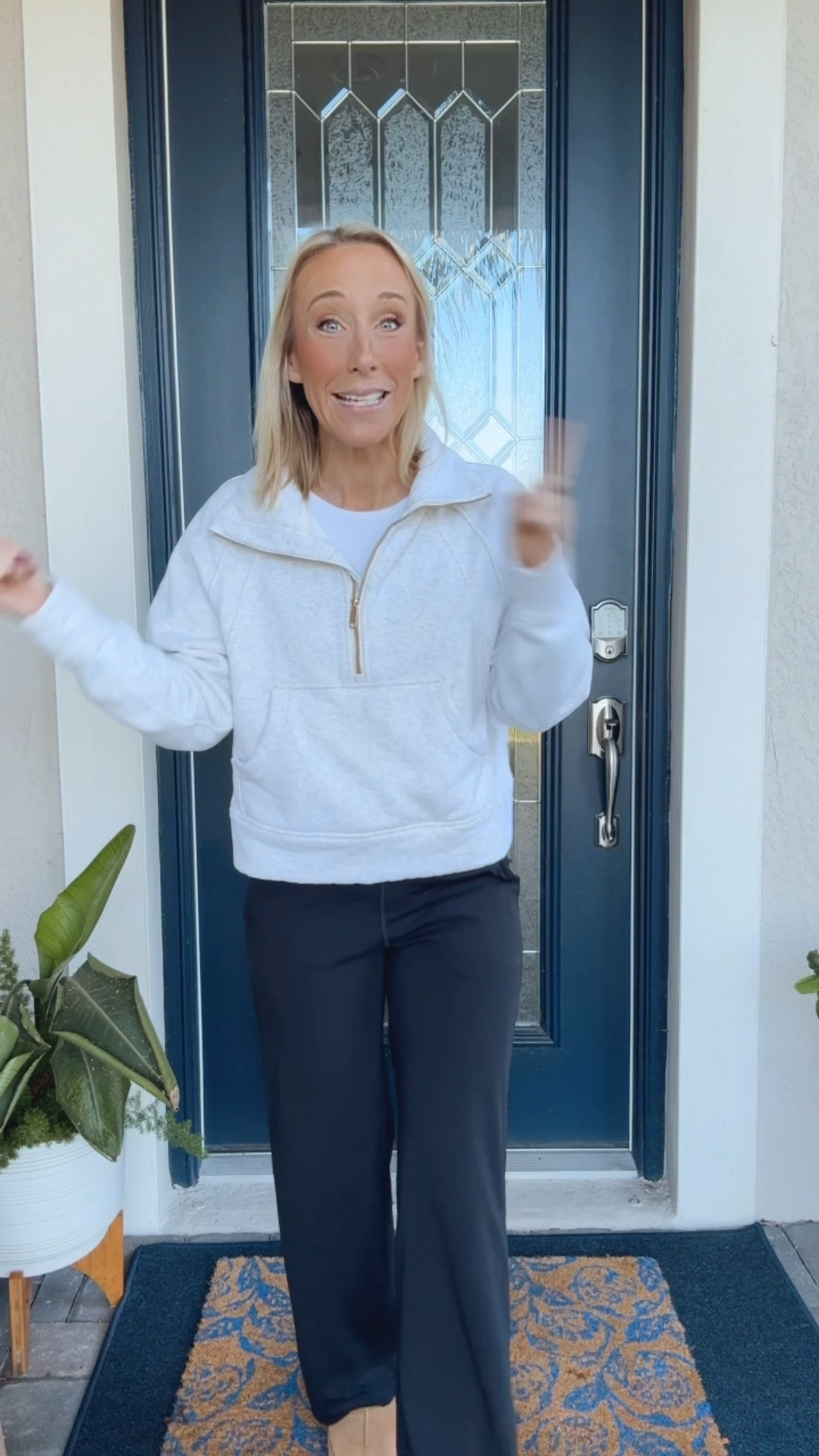 This morning’s bus stop ootd (and it’s all on deal):
• half-zip sweatshirt - size medium (yes, I sized up).
• wide leg yoga pants - size small, short:
• platform slippers - tts/size up if in between sizes.
• white shirt (underneath) - size small  

#LTKSeasonal #LTKSaleAlert #LTKootd