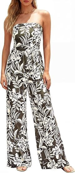 BTFBM Jumpsuits For Women Casual Floral Strapless Jumpsuit Wide Leg Rompers Beach Vacation Clothe... | Walmart (US)