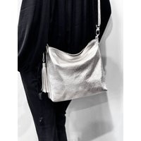 Metallic Silver Crossbody Bag, Lining Options, Zipper Pockets, Premium Soft Metallic Leather, Removable Adjustable Strap, Silver | Etsy (US)