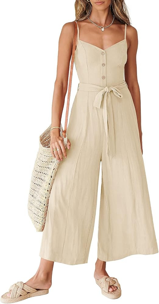 ANRABESS Women's Summer Spaghetti Straps V Neck Smocked Wide Leg Jumpsuits Rompers With Belt | Amazon (US)
