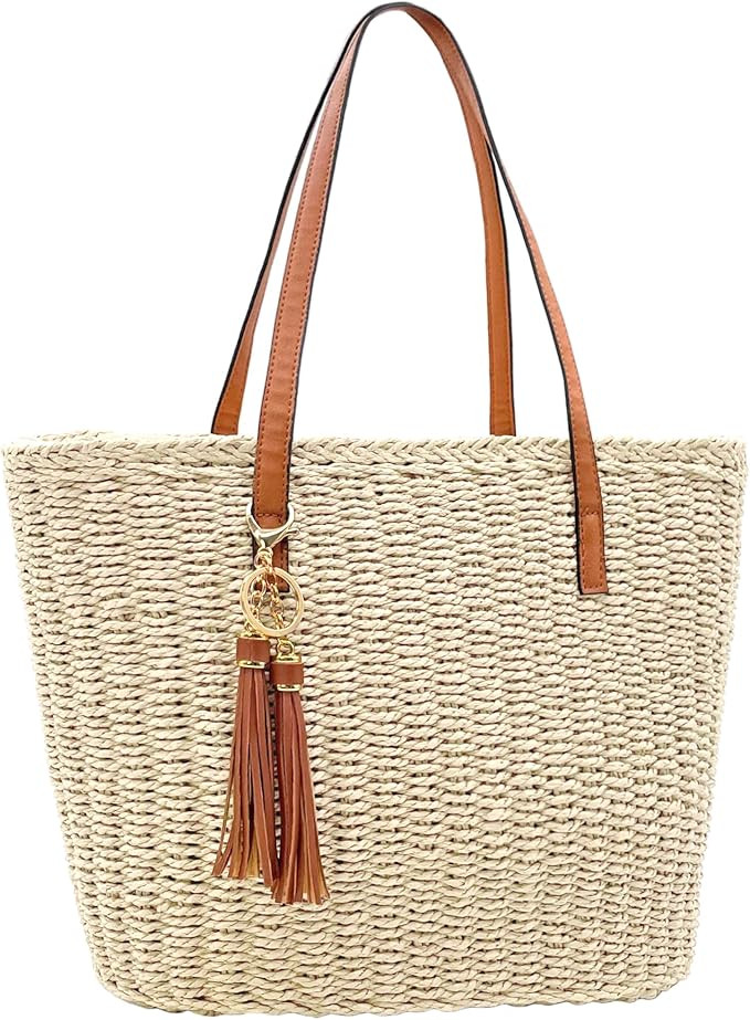 Straw Tote Bag for Women Beach Woven Shoulder Handbags for Summer Travel vacation with Tassel | Amazon (US)