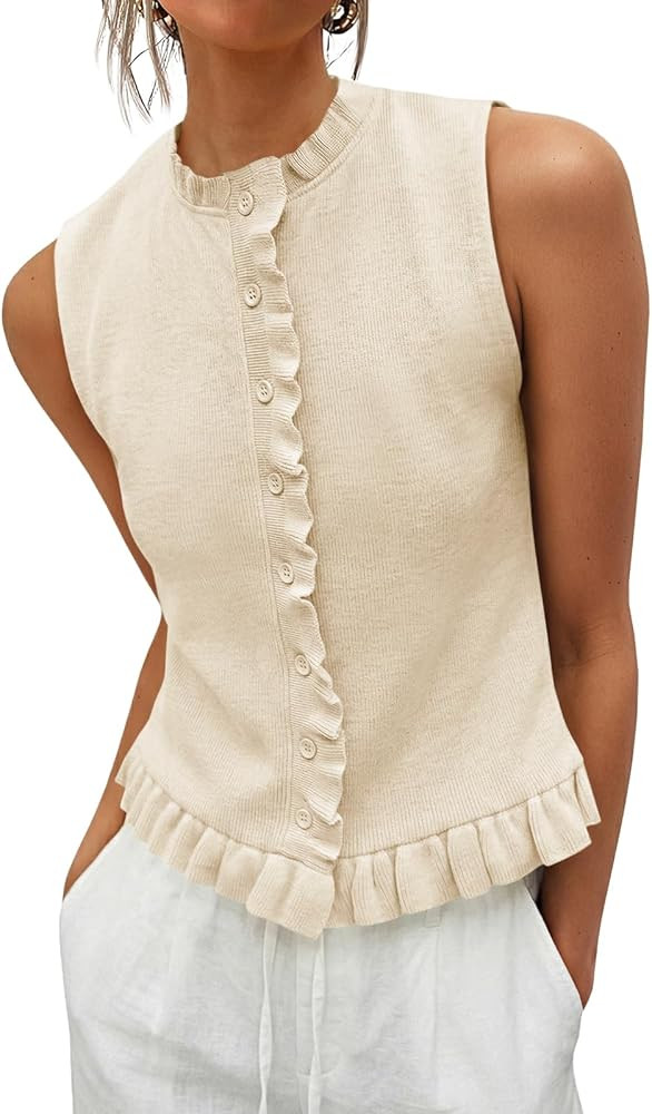 Saodimallsu Womens Sleeveless Sweater Vest Ruffle Button Down Knit Tank Top Summer Trendy Going O... | Amazon (US)