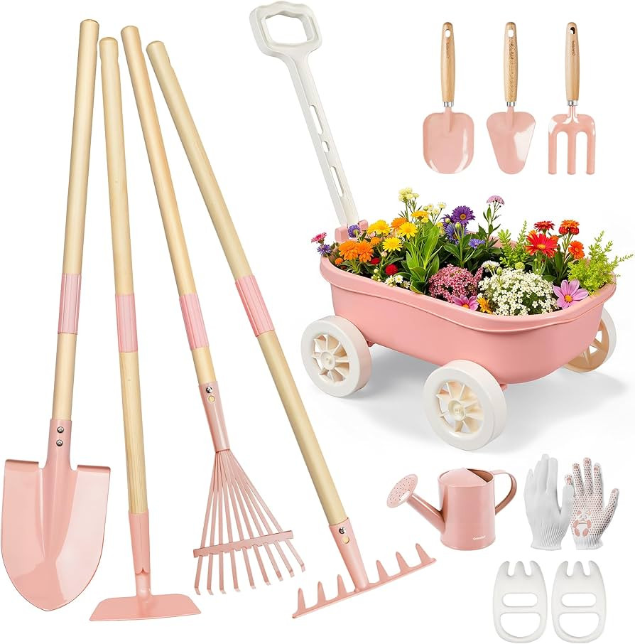 Grenebo Kids Gardening Set with Wheelbarrow, 11-Piece Outdoor Yard, Beach, STEM Garden Play Kit w... | Amazon (US)