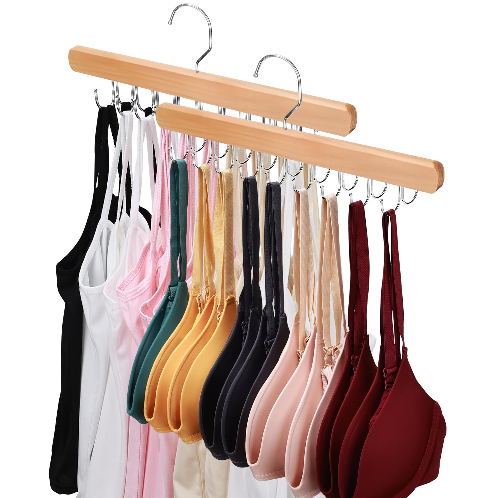 2 Pack Bra Hanger for Closet Organizer, Premium Wooden Tank Top Hangers with 36 Foldable Hooks, 3... | Amazon (US)