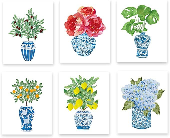 Amazon.com: Chinoiserie Plant Wall Art Print, Chinese Blue White Porcelain Vase Canvas Wall Art (... | Amazon (US)