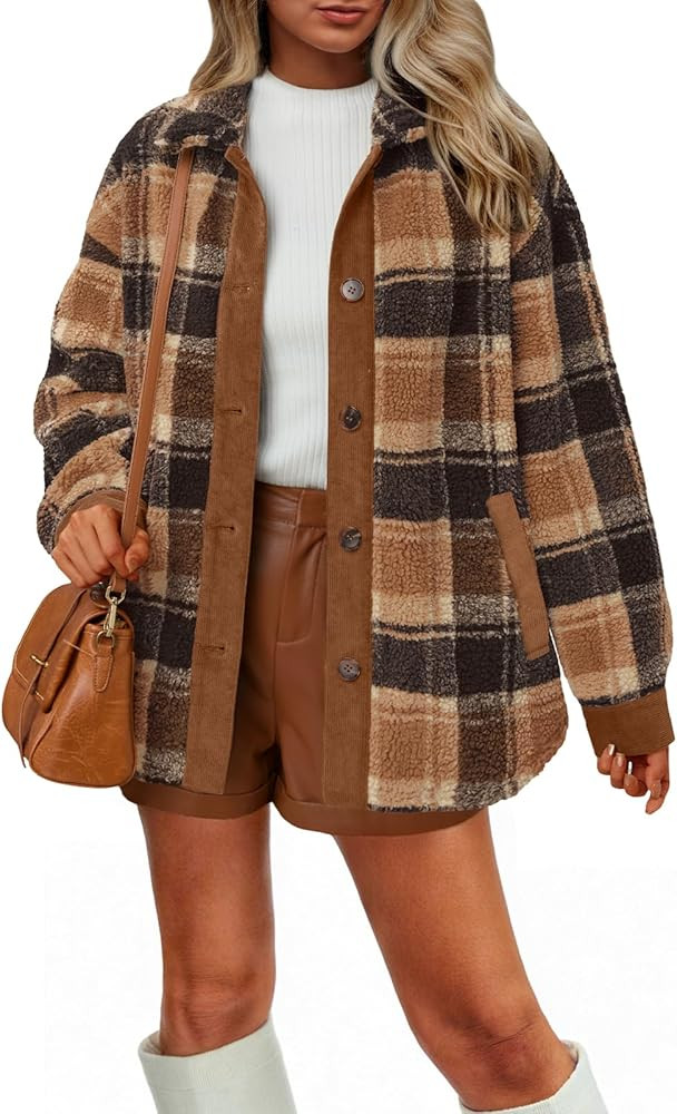 LILLUSORY Flannel Sherpa Jackets for Women Fleece Shackets Plaid Button Down Jacket Winter Coats | Amazon (US)