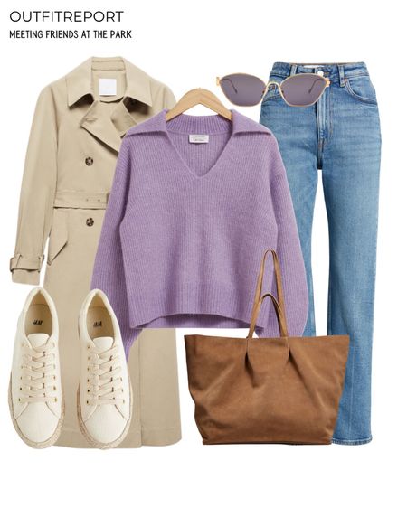 Colourful spring outfit purple knit jumper sweater denim jeans canvas sneakers trainers trench coat tote handbag 

#LTKitbag #LTKstyletip #LTKshoecrush