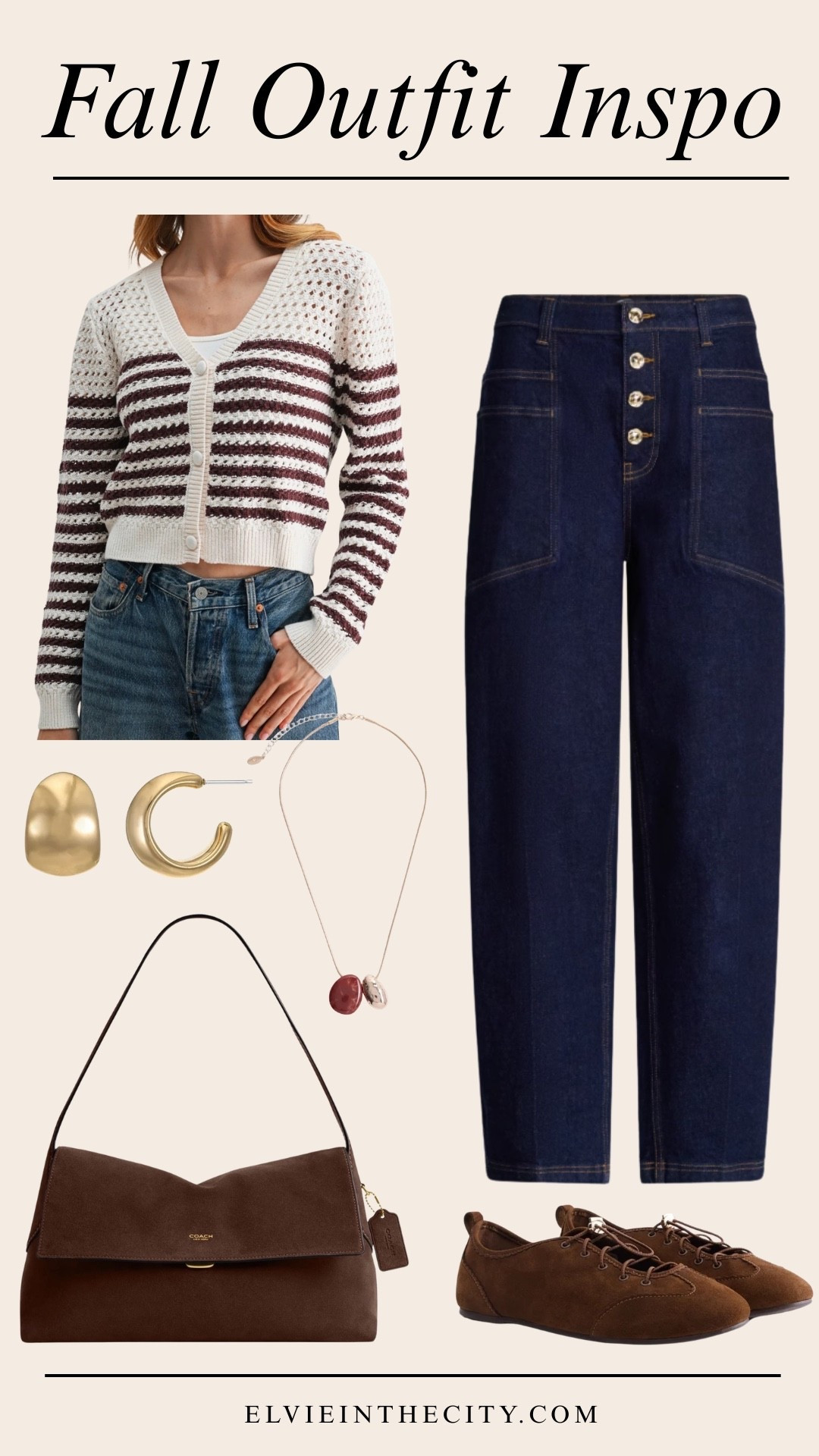 This early fall outfit includes a striped crochet cardigan, high-rise tapered leg pants, a stone Gold-toned necklace, lace faux suede sneakers, and a Coach Brown suede shoulder bag. 

Fall finds, Walmart finds, Nordstrom finds, coach finds, over 50 style, midlife fashion, petite fashion,midlife women, affordable fashion, fashion over40

#LTKOver40 #LTKPetite #LTKmomlife
