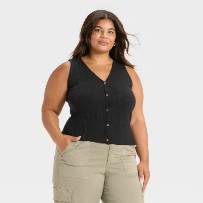 Women's Button-Front Knit Tank Top - Universal Thread™ Black XXL | Target