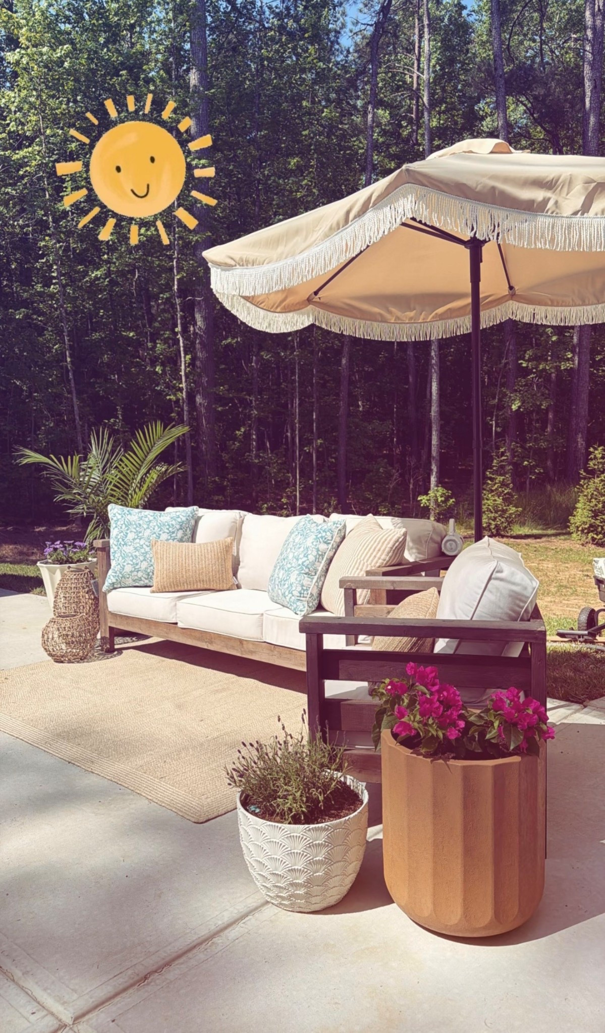 Linked what I could!

Cushions are Sunbrella, and honestly can not be beat. I’ve had them for years and they have been pressure washed multiple times. Also linked some from Walmart that are great as well, and way more affordable. 

Umbrella is Walmart from last year, linked similar. Rug is also old, but I linked the one I really want. 

Pillows are all from Home Goods, but I linked some others that are similar/that I really like. 

Furniture was built by my dad 🫶🏼

#LTKSeasonal #LTKHome #LTKSaleAlert