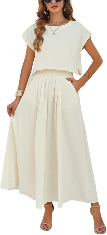 Women 2 Piece Skirt Outfits Solid Crop Top Maxi Skirts Set Crew Neck Short Sleeve Top Elastic Wai... | Amazon (US)