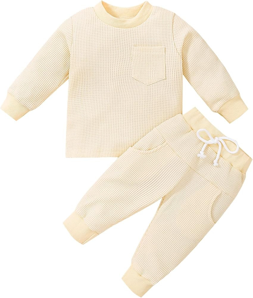 2PCS Summer Toddler Baby Boy Girl Clothes Set Unisex Waffle Solid Short Sleeve Tops Pocket Drawst... | Amazon (US)