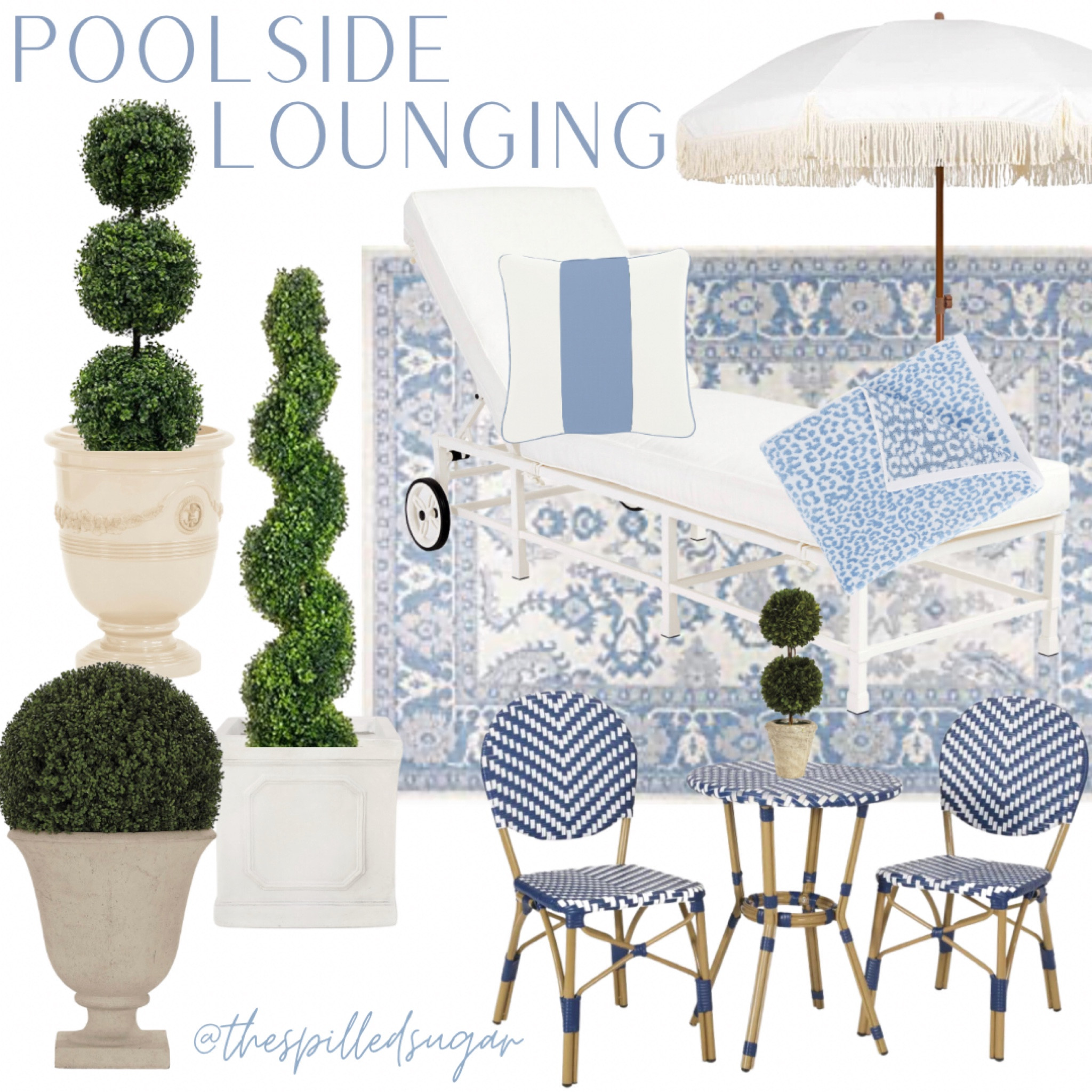 Poolside decor, patio decor, patio furniture, lounge chairs, fringe umbrella, Walmart finds, Ballard designs, blue and white home, blue and white decor, bistro table, bistro chairs, topiary, topiaries, urn planter, beach towel, outdoor pillows, outdoor rug 

#LTKGiftGuide #LTKhome #LTKSeasonal