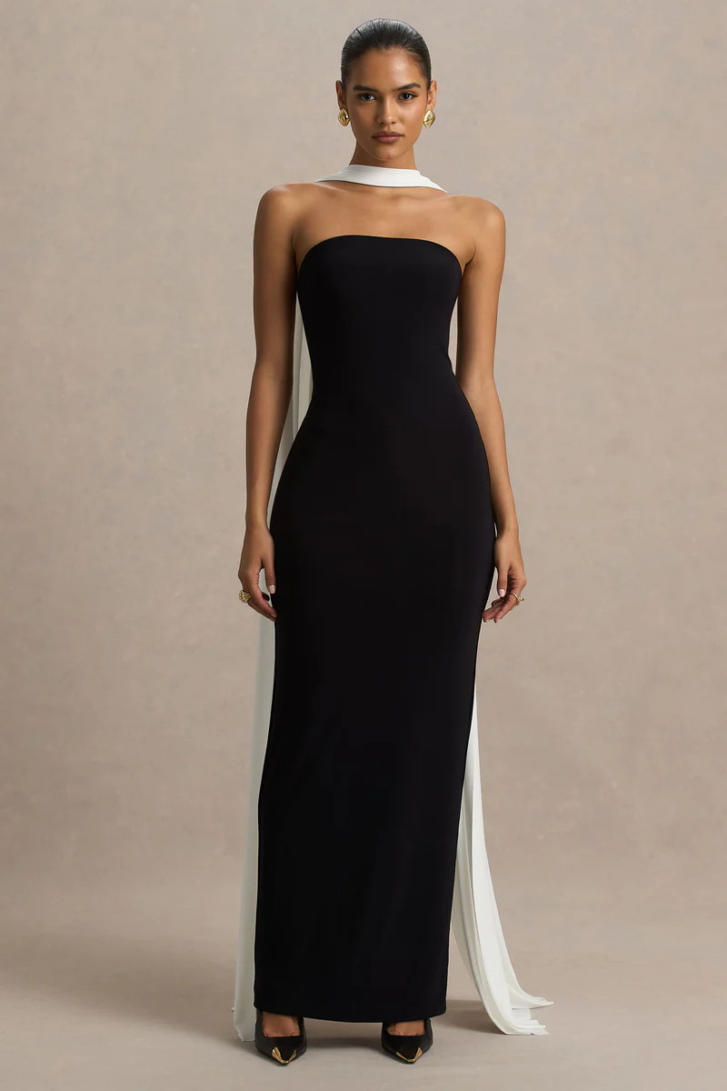 Kelilah  Black And White Bandeau Maxi Dress With Scarf Detail | Club L London