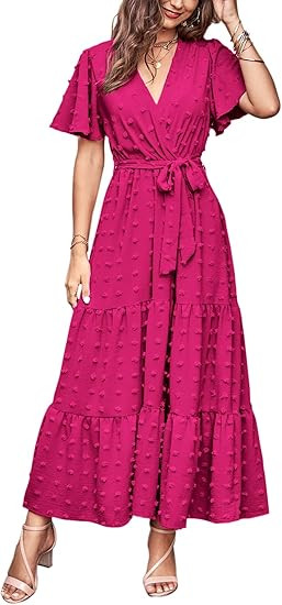 MASCOMODA Womens Summer Swiss Dot Maxi Dressses Wrap V Neck Flutter Short Sleeve Boho Casual Flow... | Amazon (US)
