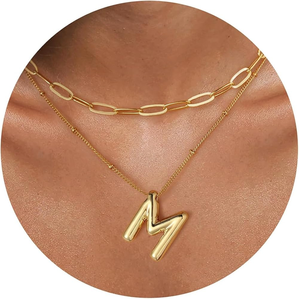 Turandoss Bubble Letter Necklace Gold - Layered Big Initial Necklaces for Women, Paperclip Chain ... | Amazon (US)