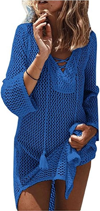 Wander Agio Beach Swimsuit for Women Sleeve Coverups Bikini Cover Up Lace-up Net | Amazon (US)